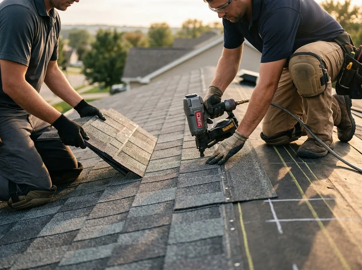 Professional roofer working on a residential roof in Forest Lake